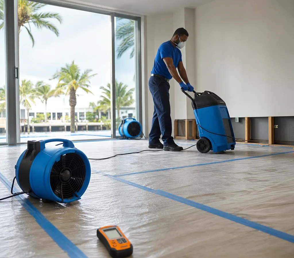 Technician using commercial drying equipment and a moisture meter in a protected West Palm Beach home