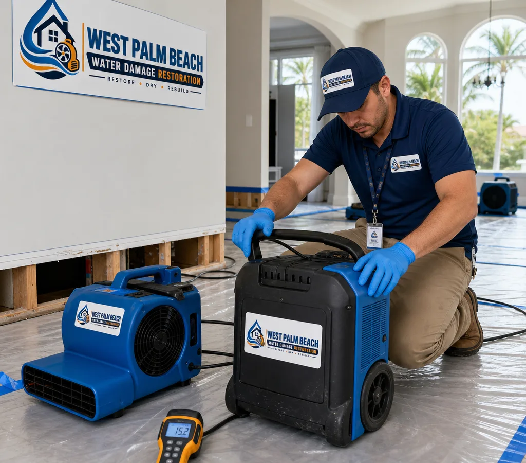 Technician using commercial drying equipment and a moisture meter in a protected West Palm Beach home