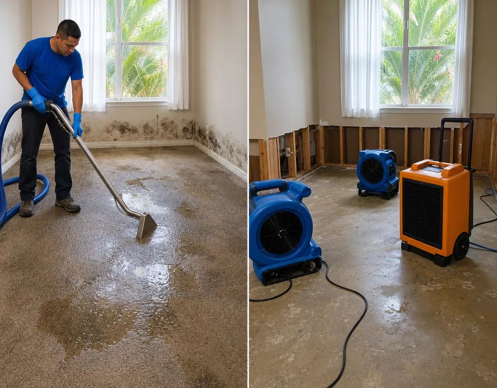 Living room before and after extraction and drying, with wet carpet removed and walls prepared for repair