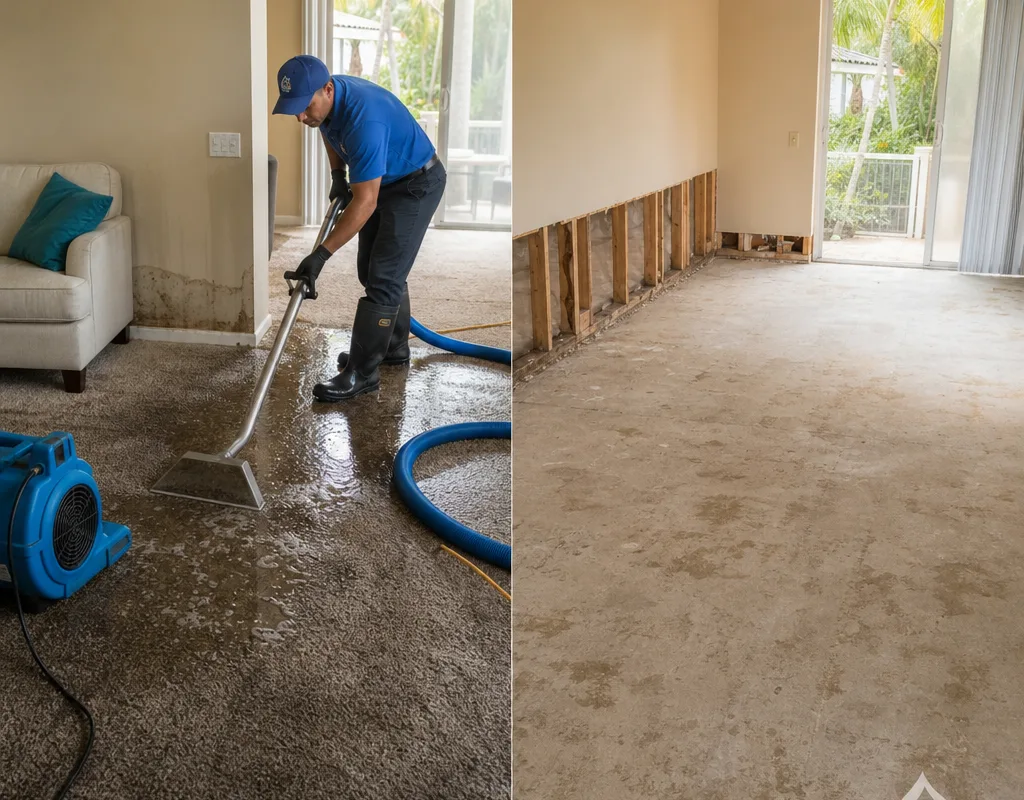 Living room before and after extraction and drying, with wet carpet removed and walls prepared for repair