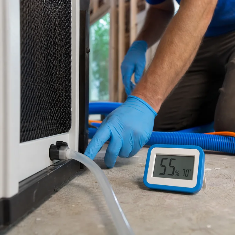 Dehumidifier drain line and hygrometer reading inside an active drying zone