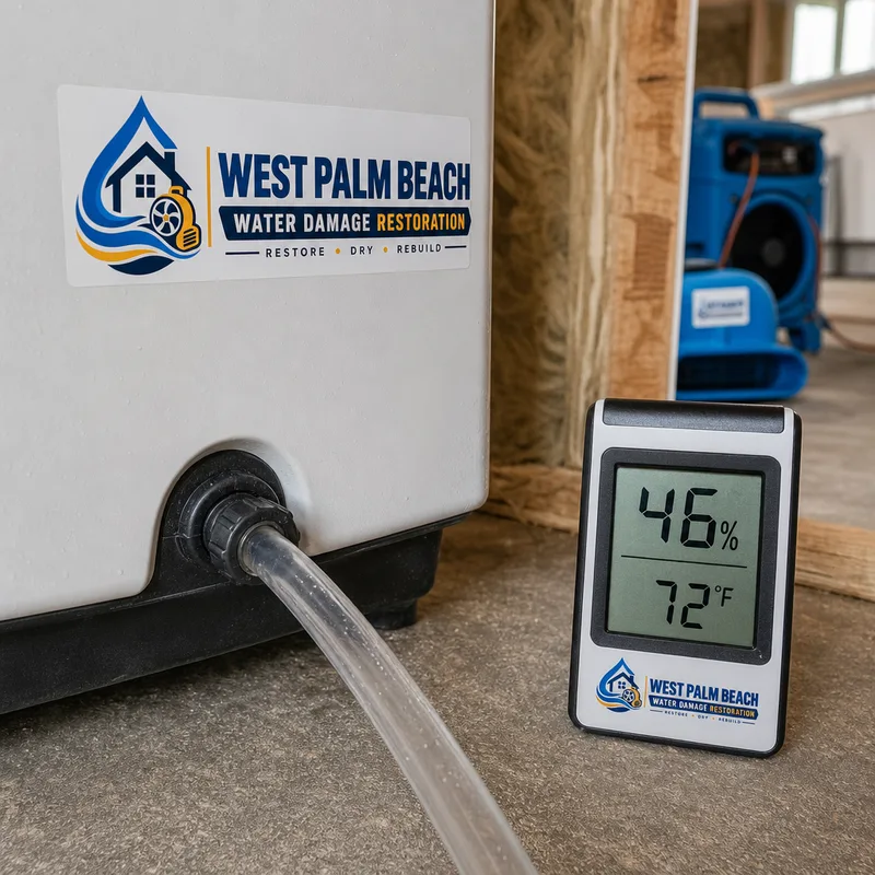 Dehumidifier drain line and hygrometer reading inside an active drying zone