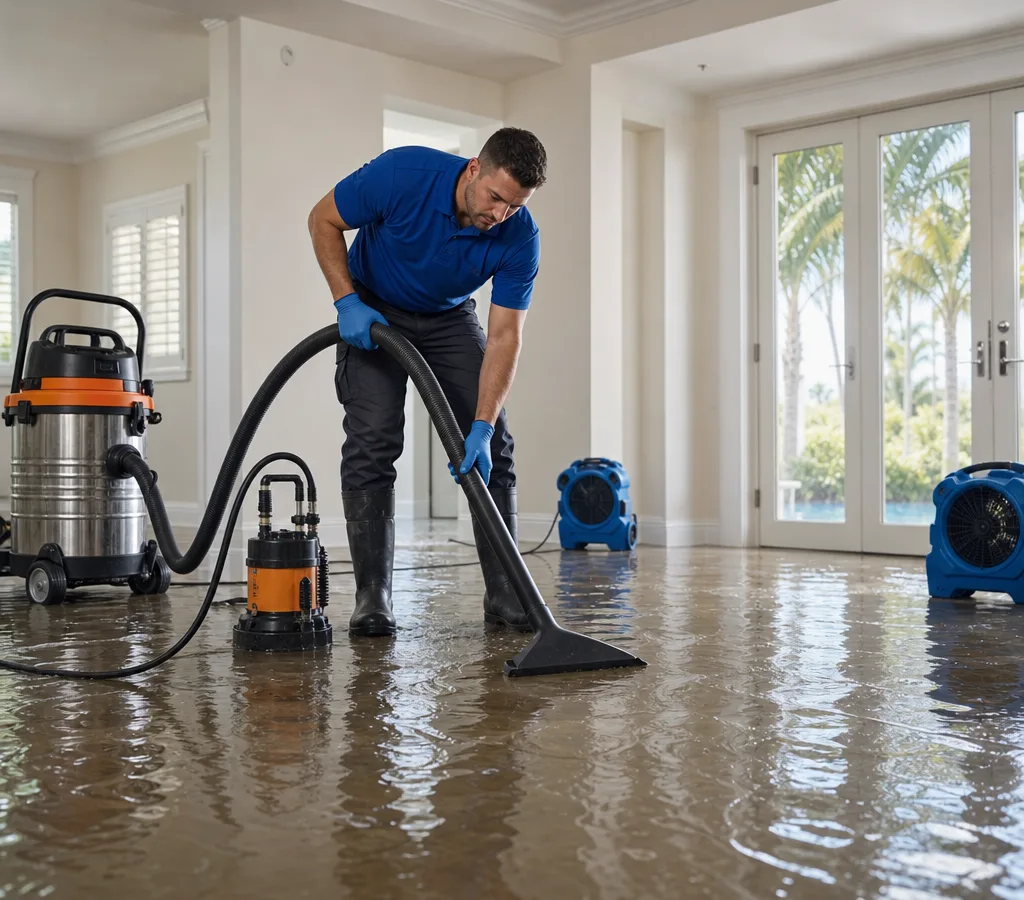 Technician extracting standing water from a West Palm Beach home with professional equipment and air movers nearby