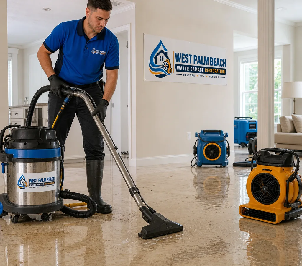 Technician extracting standing water from a West Palm Beach home with professional equipment and air movers nearby