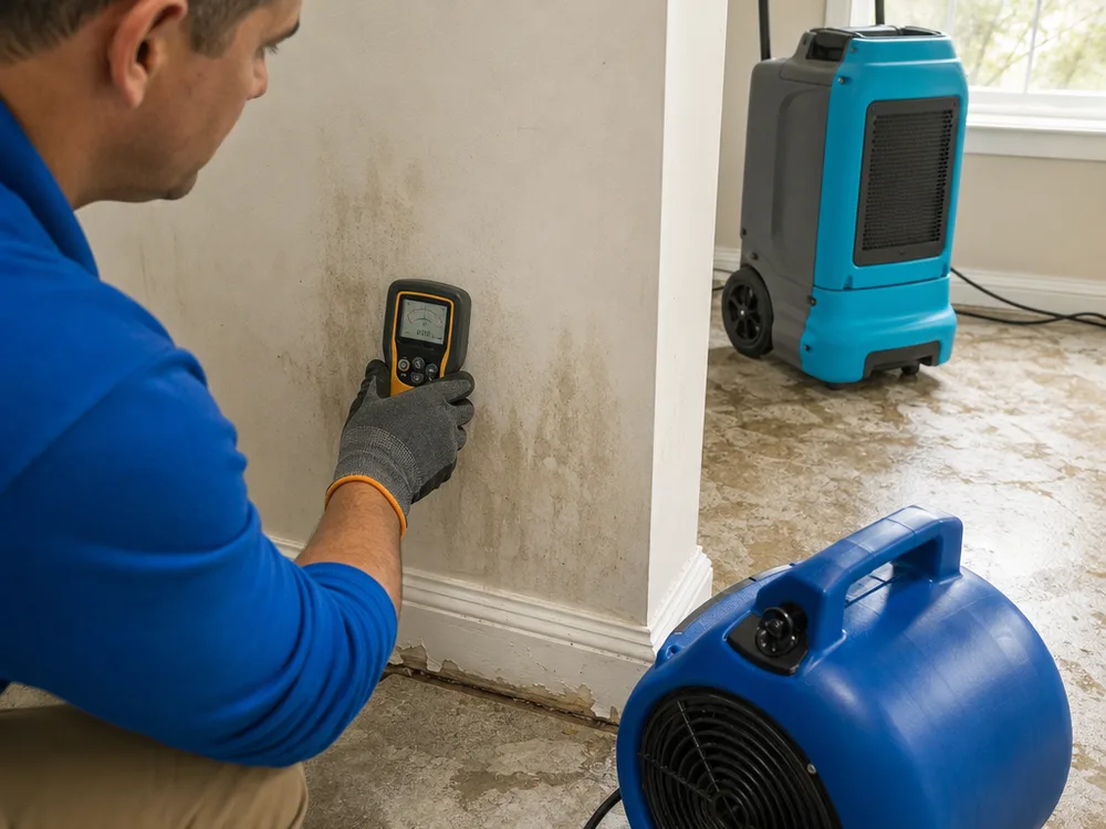 Moisture meter reading on drywall and baseboard with a dehumidifier and air mover operating nearby