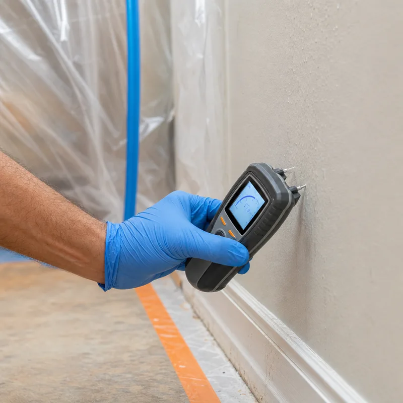 Technician using a moisture meter on drywall beside a baseboard with containment plastic visible in the background