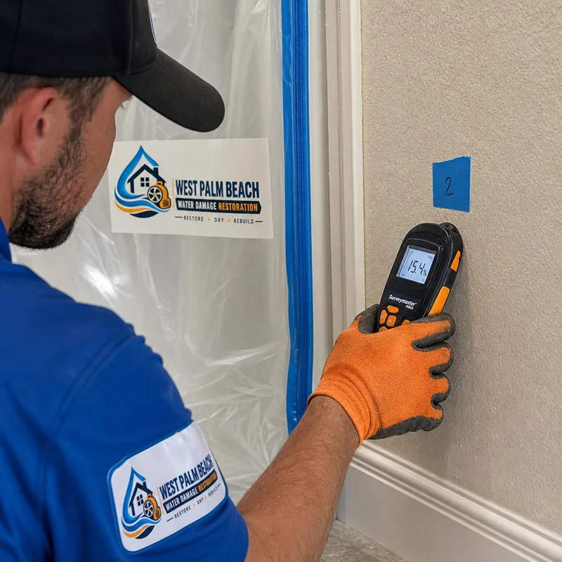Technician using a moisture meter on drywall beside a baseboard with containment plastic visible in the background