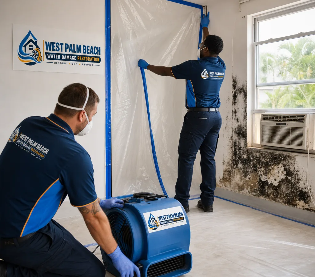 Technicians in protective equipment setting up containment and negative air equipment in a South Florida home with mold staining near a window and air conditioning area
