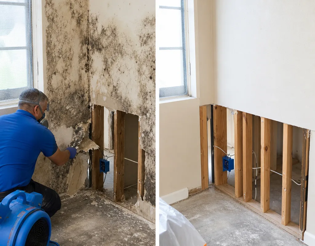 Mold-stained drywall before removal and the same area after controlled demolition and cleaning with clean framing visible