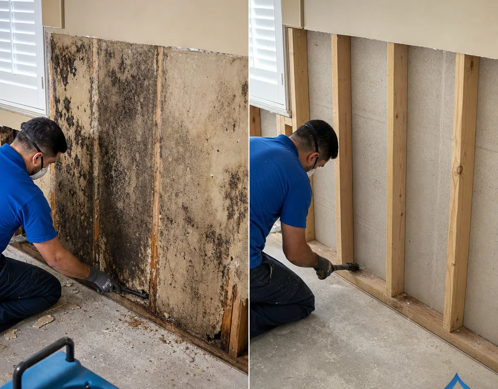 Mold-stained drywall before removal and the same area after controlled demolition and cleaning with clean framing visible