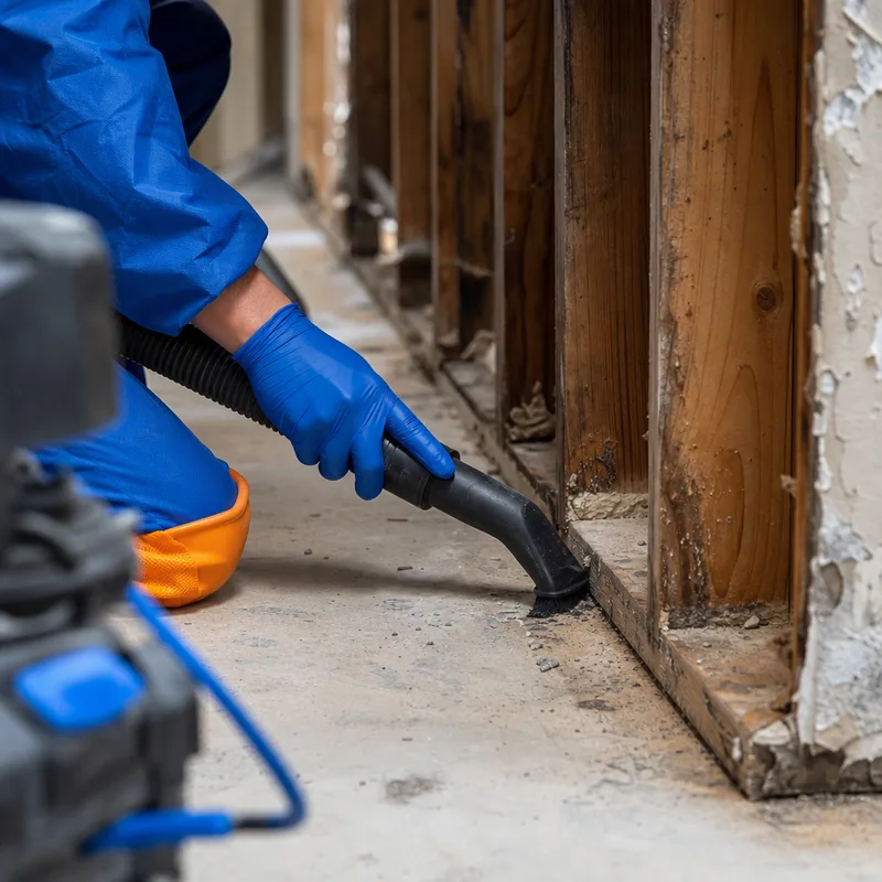 Technician performing HEPA vacuuming on exposed studs and sill plate after drywall removal in a contained area