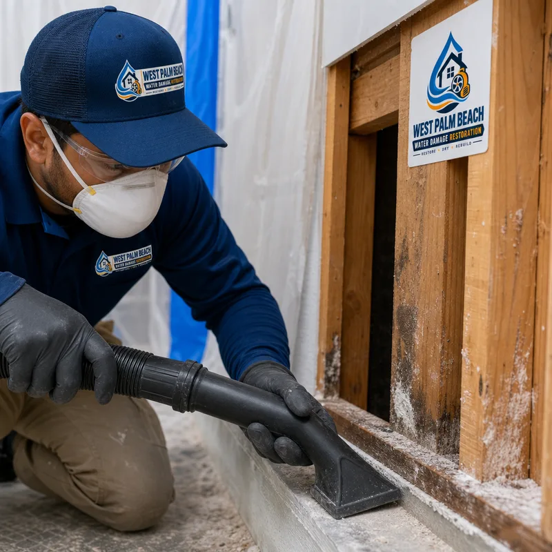 Technician performing HEPA vacuuming on exposed studs and sill plate after drywall removal in a contained area
