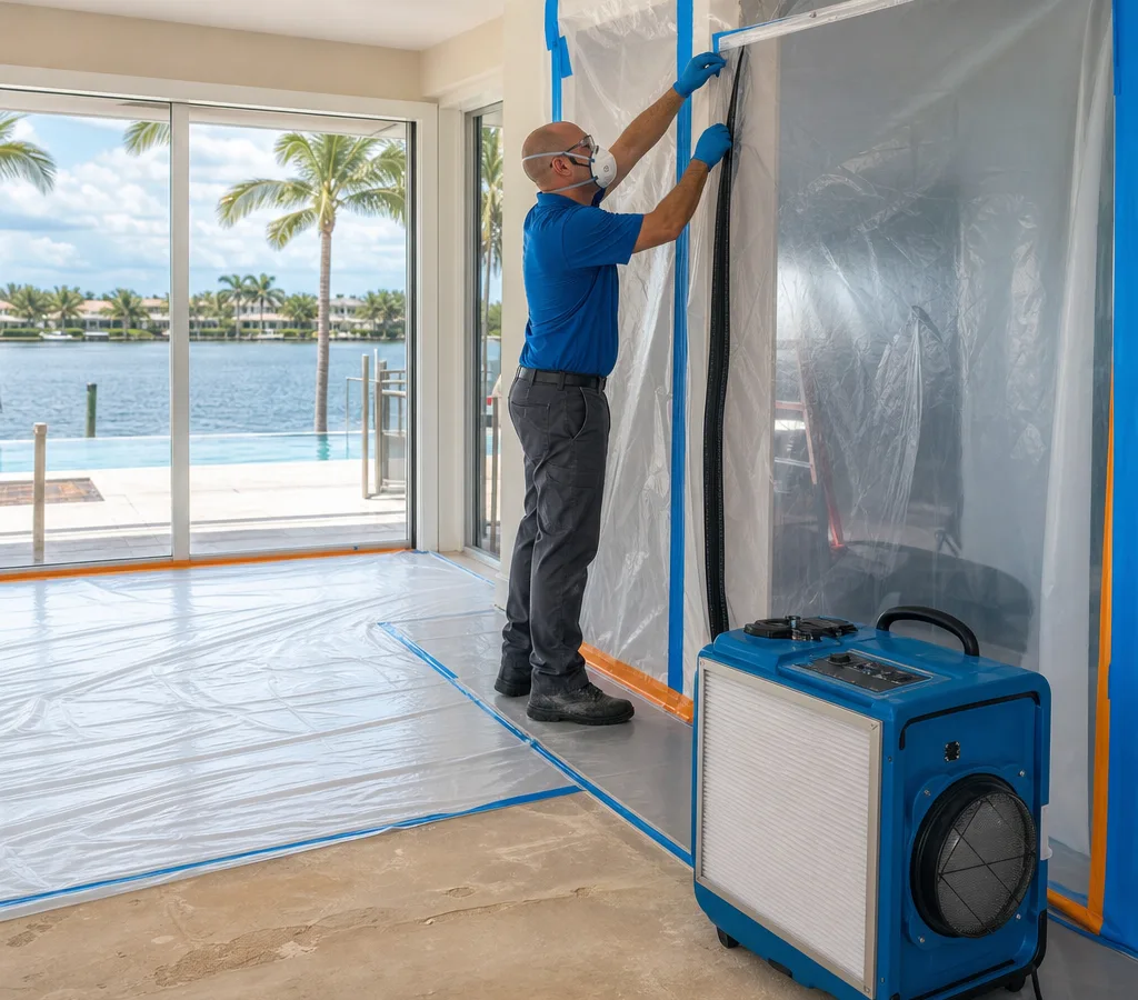Technician in protective gear setting up containment plastic and a HEPA air scrubber in a West Palm Beach home during a mold removal job