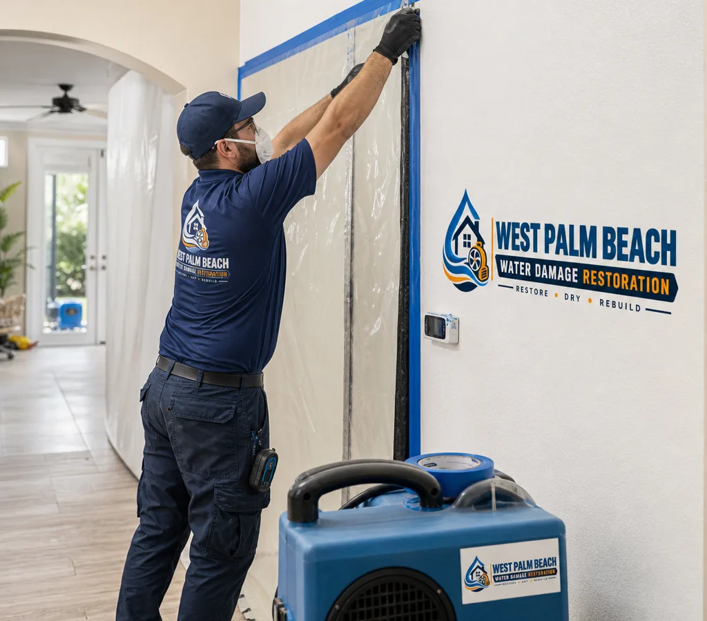 Technician in protective gear setting up containment plastic and a HEPA air scrubber in a West Palm Beach home during a mold removal job