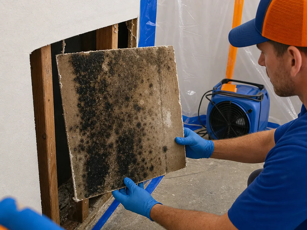 Removed drywall showing mold on the backside inside a sealed containment area with negative air equipment