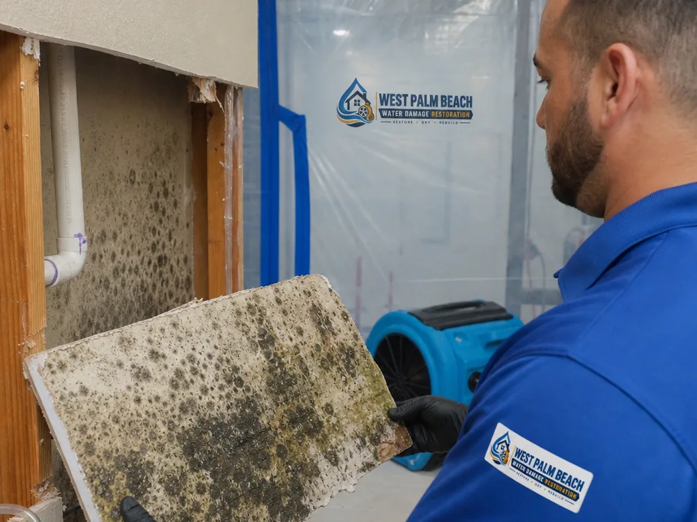 Removed drywall showing mold on the backside inside a sealed containment area with negative air equipment