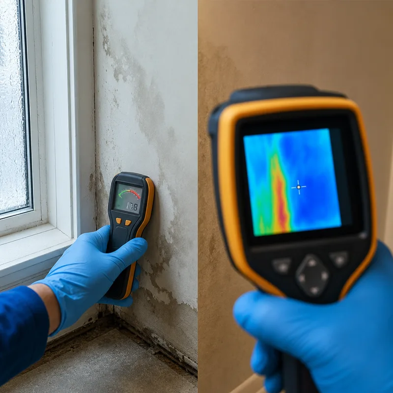 Moisture meter against drywall near a window frame with a thermal camera view of the same wall area