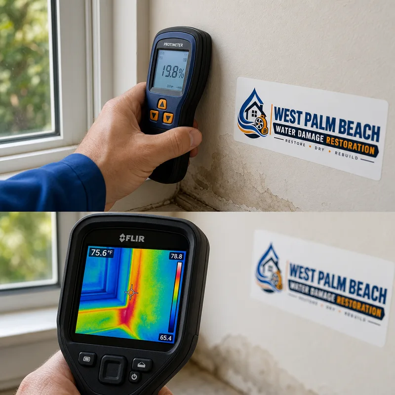 Moisture meter against drywall near a window frame with a thermal camera view of the same wall area