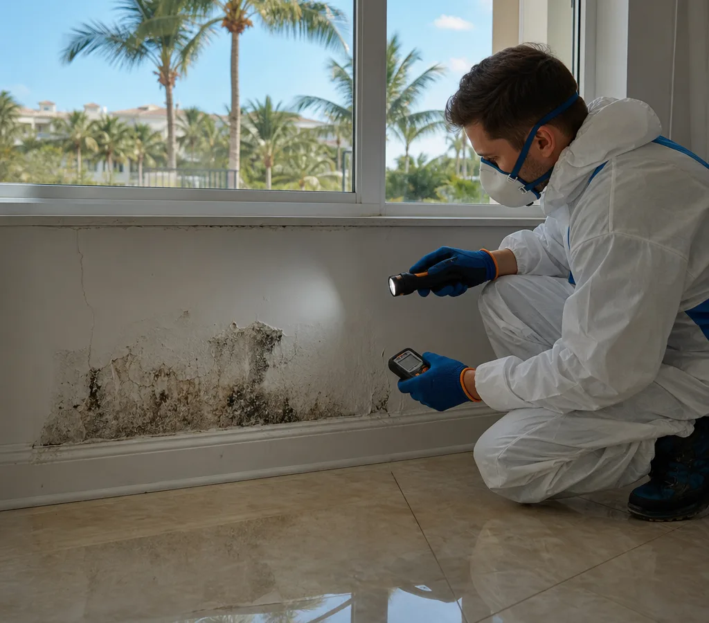 Inspector in protective gear using a flashlight and moisture meter to examine a wall and baseboard for suspected mold and water intrusion