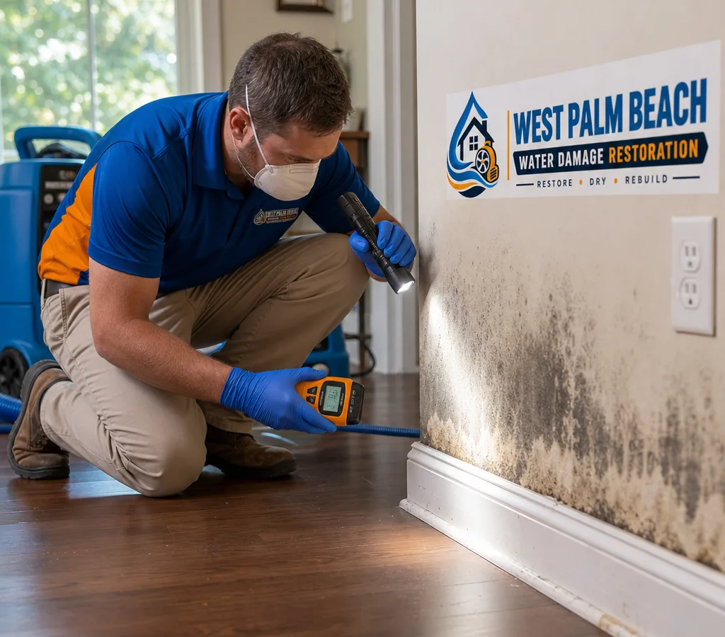 Inspector in protective gear using a flashlight and moisture meter to examine a wall and baseboard for suspected mold and water intrusion