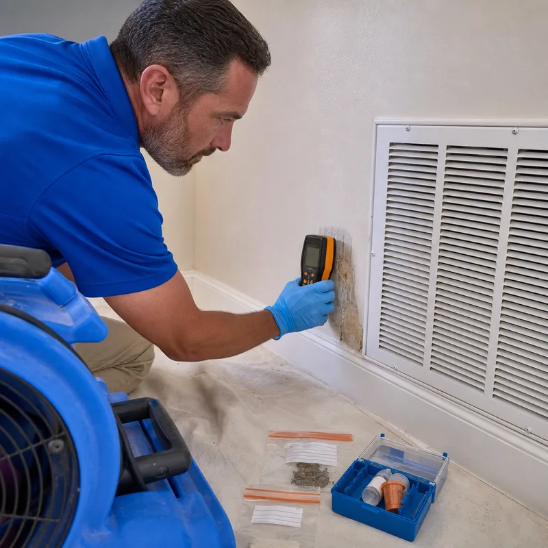 Technician using a moisture meter near an A/C return grille with sampling media and chain-of-custody labels visible