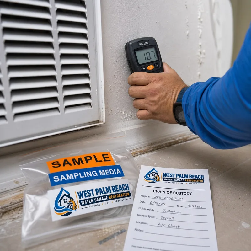 Technician using a moisture meter near an A/C return grille with sampling media and chain-of-custody labels visible