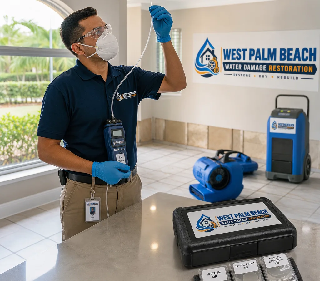 Inspector in PPE collecting an air sample in a West Palm Beach home with a sampling pump and labeled cassettes