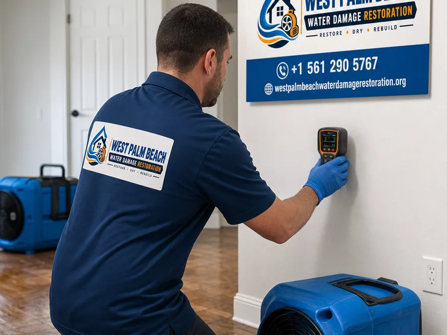 Technician mapping moisture in drywall and trim while drying equipment runs