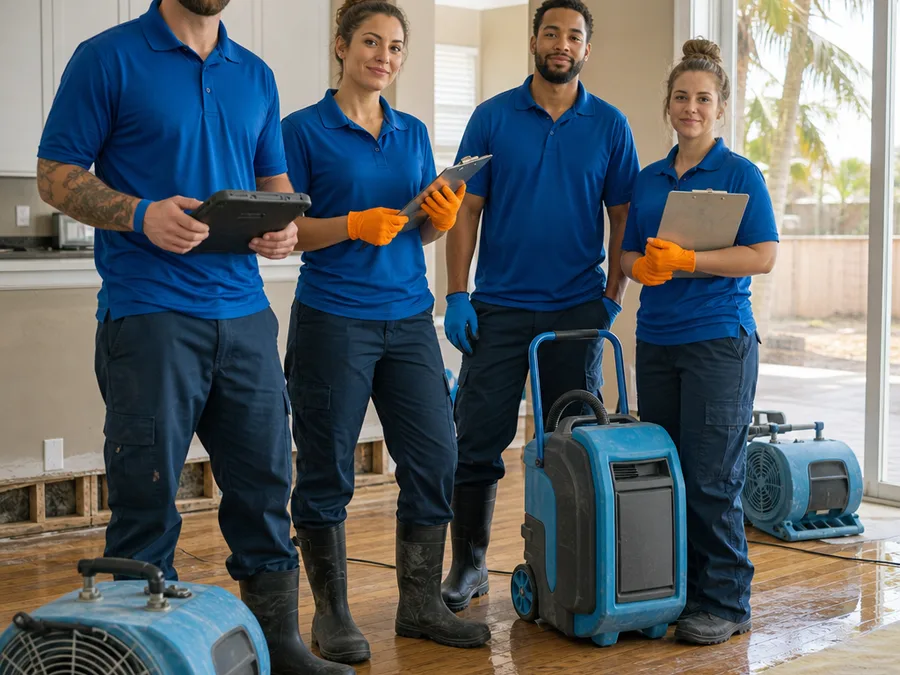Restoration crew beside air movers and a dehumidifier with project documentation tools