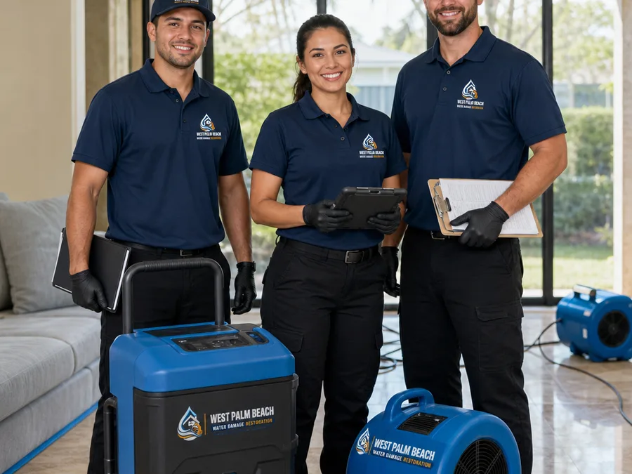 Restoration crew beside air movers and a dehumidifier with project documentation tools